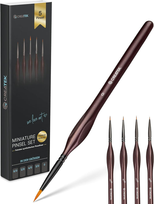 CreaTek - 5 extra feine Pinsel Acryl für höchste Präzision & Details | Premium Bi-Nylon Technologie - Künstlerpinsel Miniatur Pinsel Set, Modellbau & Malen nach Zahlen Pinsel