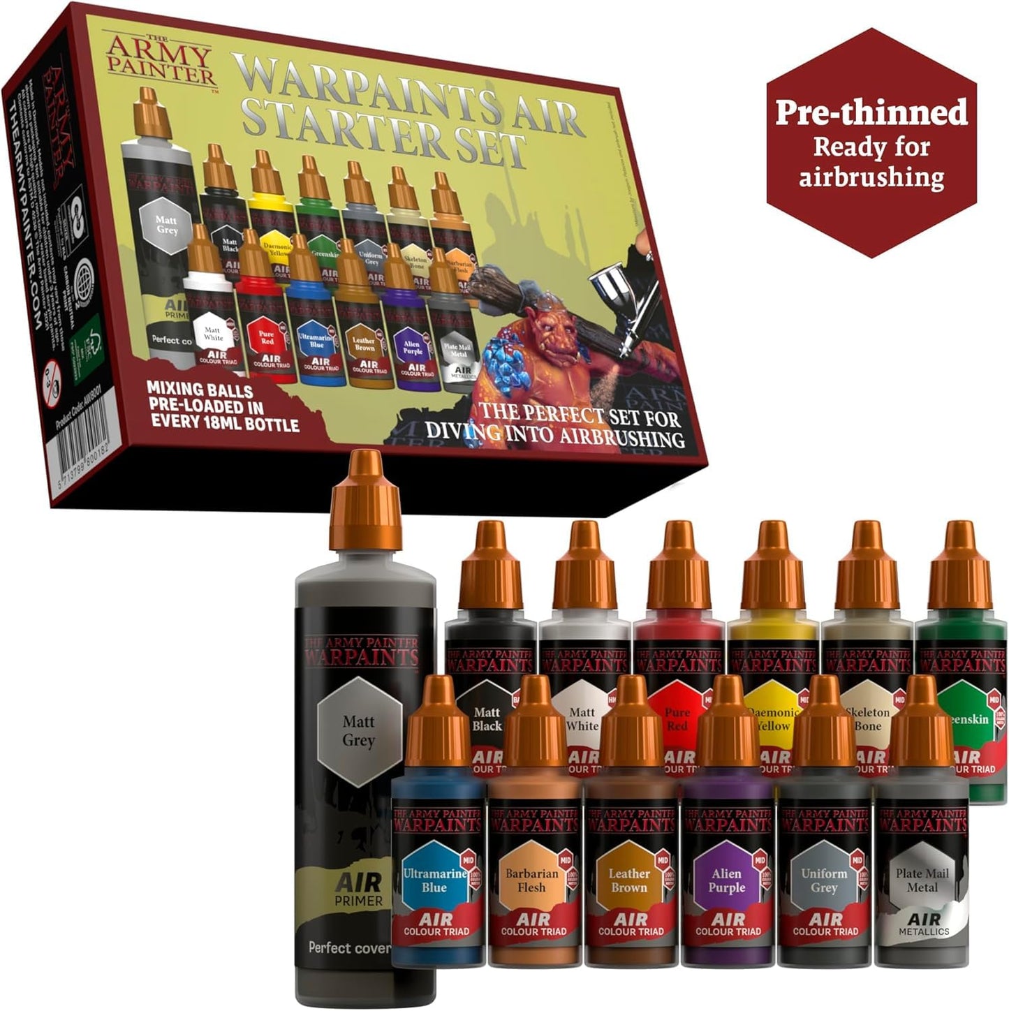 The Army Painter, Warpaints Air Starter Set, 12 x 18ml Vorgemischte Acrylfarben für Airbrush,1 Grau Grundierung, Airbrush Farben Set für Wargames Tabletop Miniaturen & Modellbau