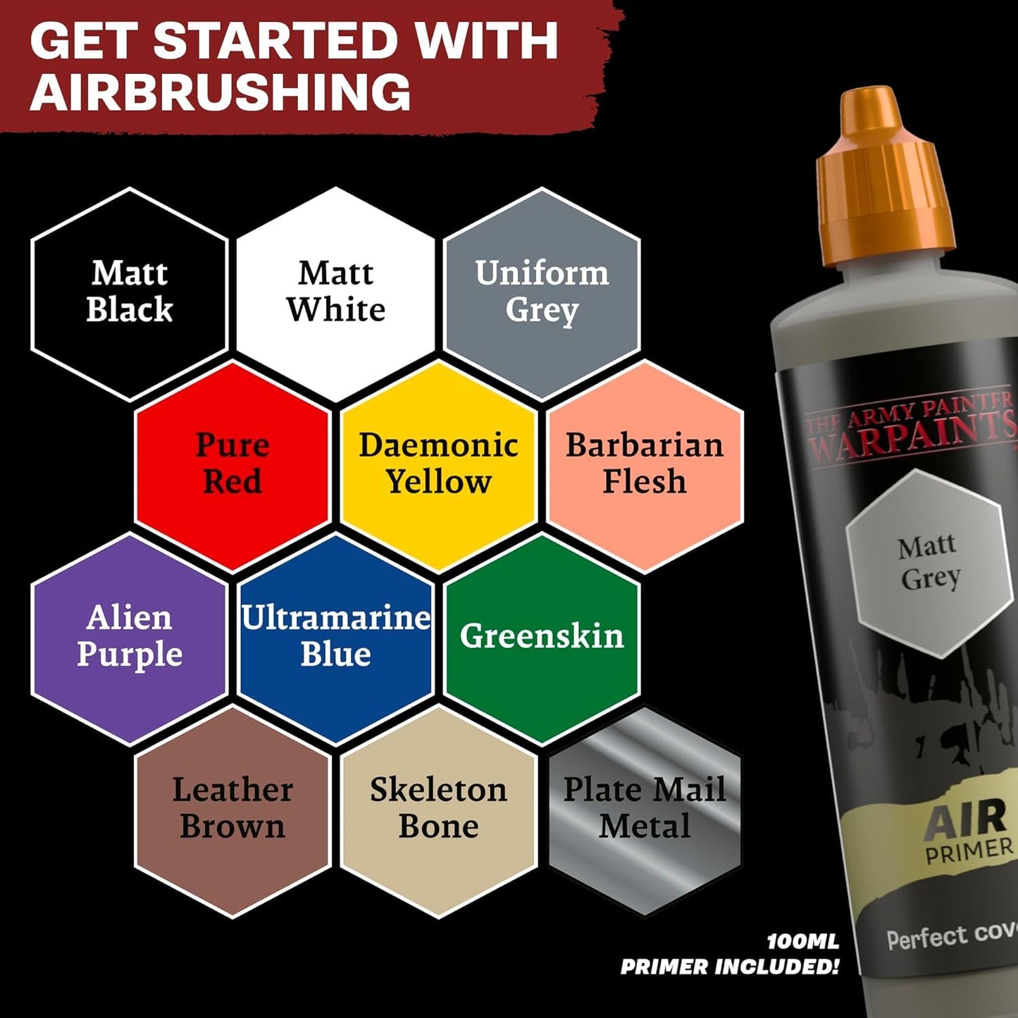 The Army Painter, Warpaints Air Starter Set, 12 x 18ml Vorgemischte Acrylfarben für Airbrush,1 Grau Grundierung, Airbrush Farben Set für Wargames Tabletop Miniaturen & Modellbau