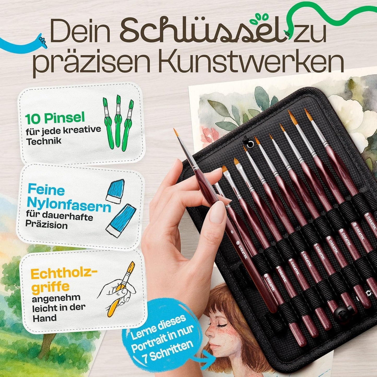 CreaTek Premium Detail Pinselset Acrylfarben - 10 extra feine Pinsel für höchste Präzision & Details - Dein zuverlässiger Acryl Pinsel Malen nach Zahlen für Modellbau & Miniaturen, Aquarellpinsel