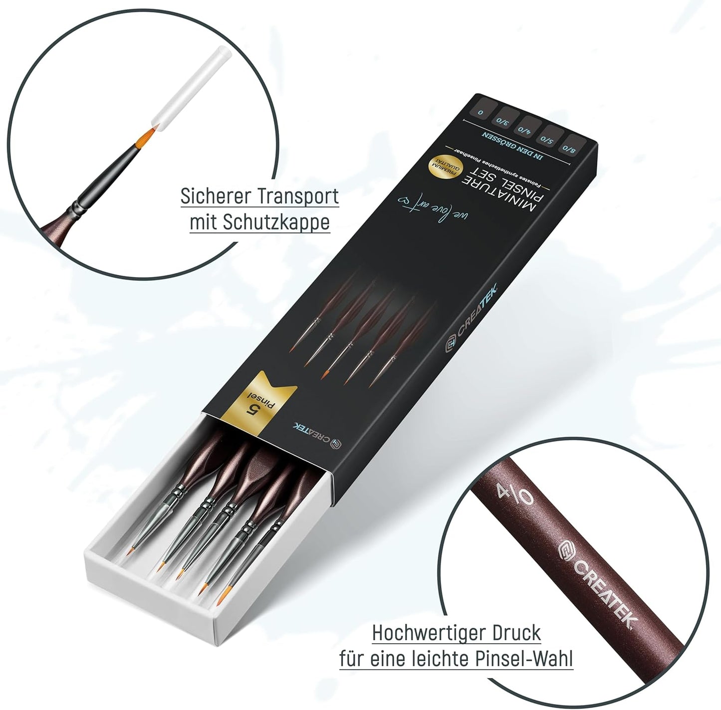 CreaTek - 5 extra feine Pinsel Acryl für höchste Präzision & Details | Premium Bi-Nylon Technologie - Künstlerpinsel Miniatur Pinsel Set, Modellbau & Malen nach Zahlen Pinsel