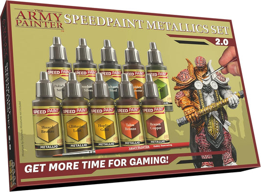 The Army Painter Speedpaint Metallics Paint Set 2.0, 10 Acrylfarben Metallic 18ml Modellbau Farben Pipettenflaschen und 1 Kostenlosem Grundierpinsel, Modellfarbe für Fantasy Miniaturen