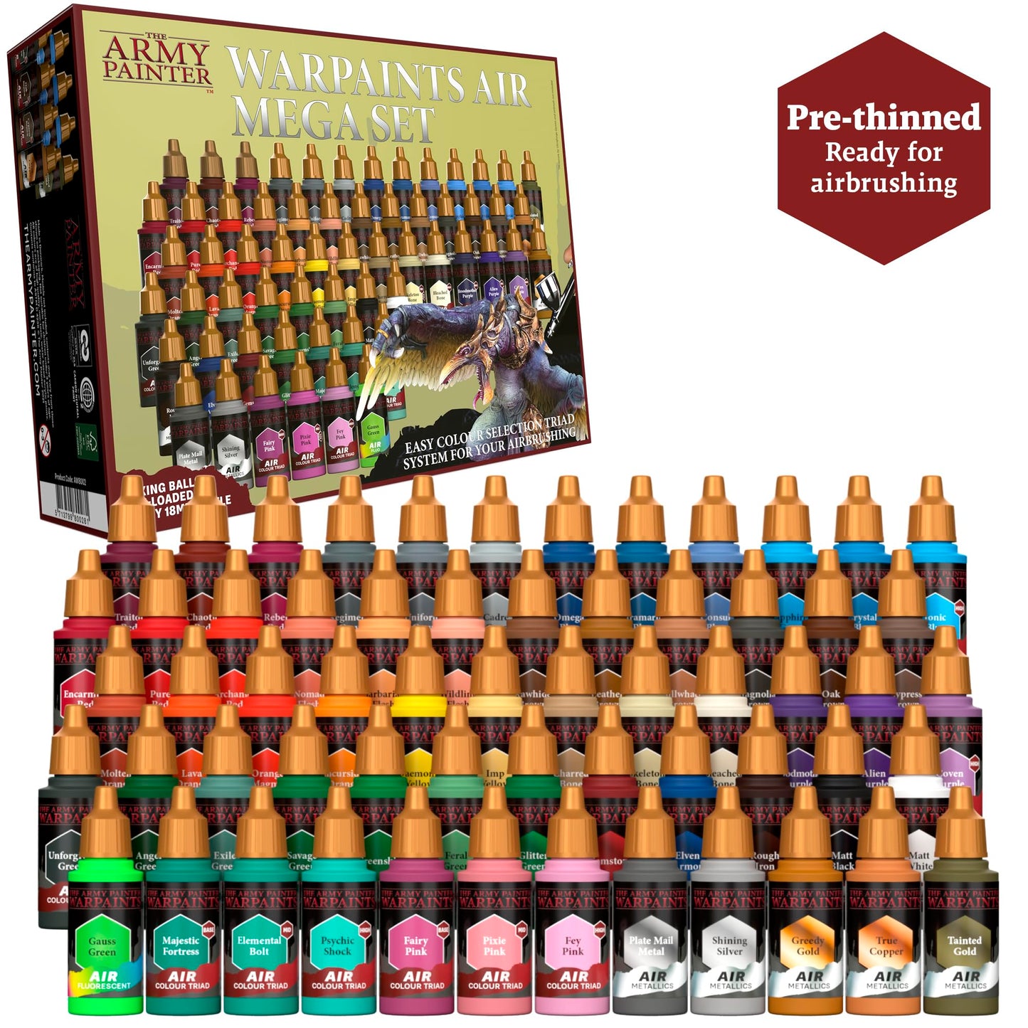 The Army Painter, Warpaints Air Starter Set, 12 x 18ml Vorgemischte Acrylfarben für Airbrush,1 Grau Grundierung, Airbrush Farben Set für Wargames Tabletop Miniaturen & Modellbau
