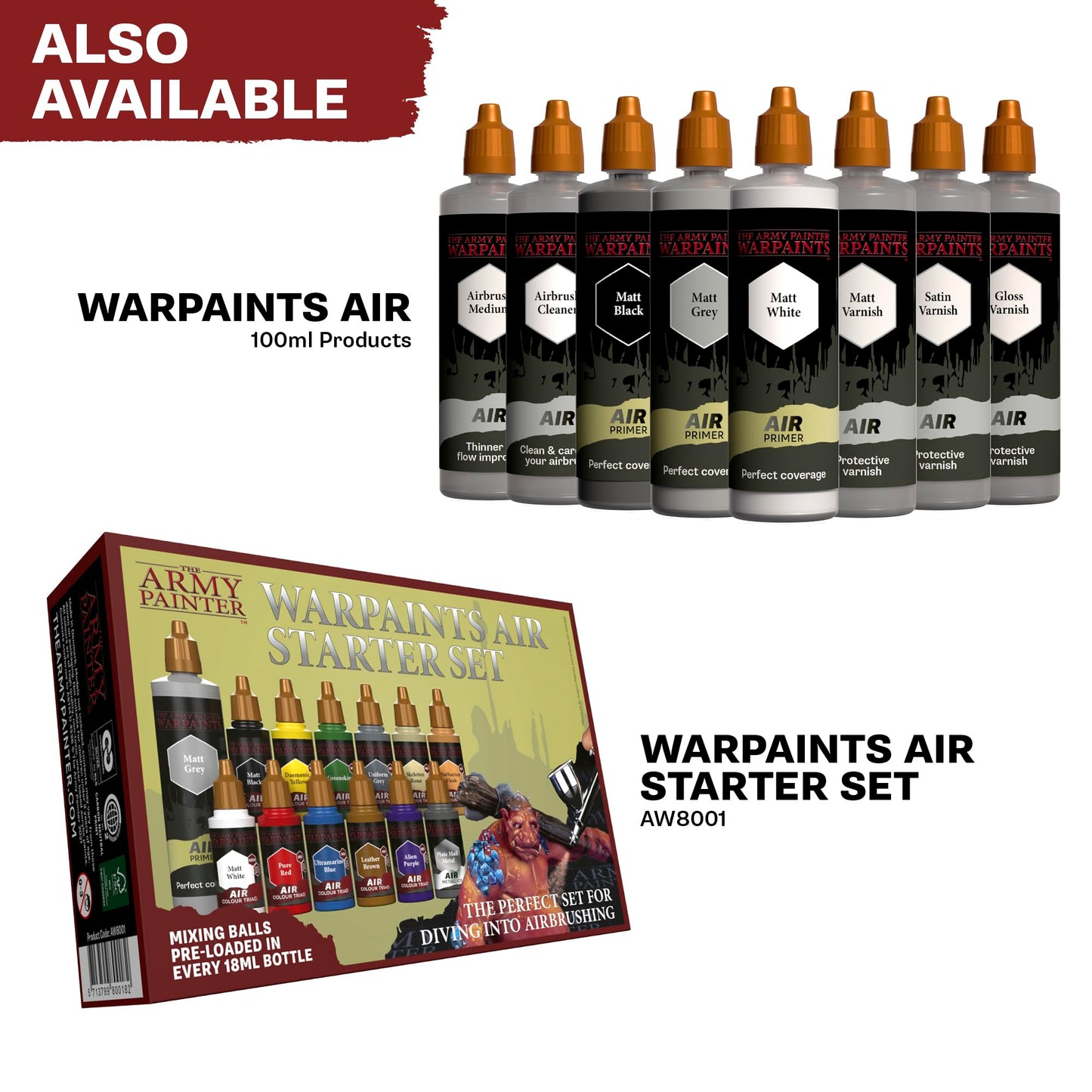 The Army Painter, Warpaints Air Starter Set, 12 x 18ml Vorgemischte Acrylfarben für Airbrush,1 Grau Grundierung, Airbrush Farben Set für Wargames Tabletop Miniaturen & Modellbau