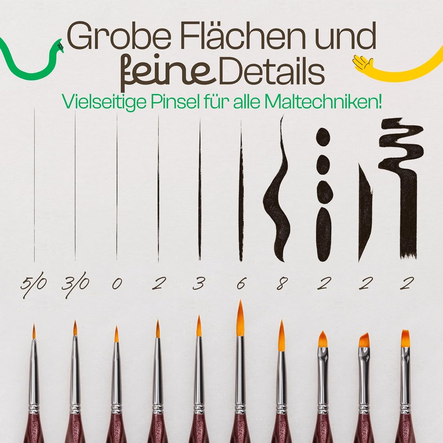 CreaTek Premium Detail Pinselset Acrylfarben - 10 extra feine Pinsel für höchste Präzision & Details - Dein zuverlässiger Acryl Pinsel Malen nach Zahlen für Modellbau & Miniaturen, Aquarellpinsel