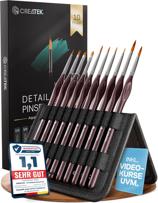 CreaTek Premium Detail Pinselset Acrylfarben - 10 extra feine Pinsel für höchste Präzision & Details - Dein zuverlässiger Acryl Pinsel Malen nach Zahlen für Modellbau & Miniaturen, Aquarellpinsel