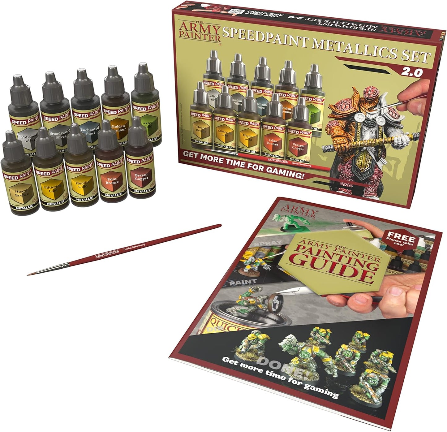 The Army Painter Speedpaint Metallics Paint Set 2.0, 10 Acrylfarben Metallic 18ml Modellbau Farben Pipettenflaschen und 1 Kostenlosem Grundierpinsel, Modellfarbe für Fantasy Miniaturen