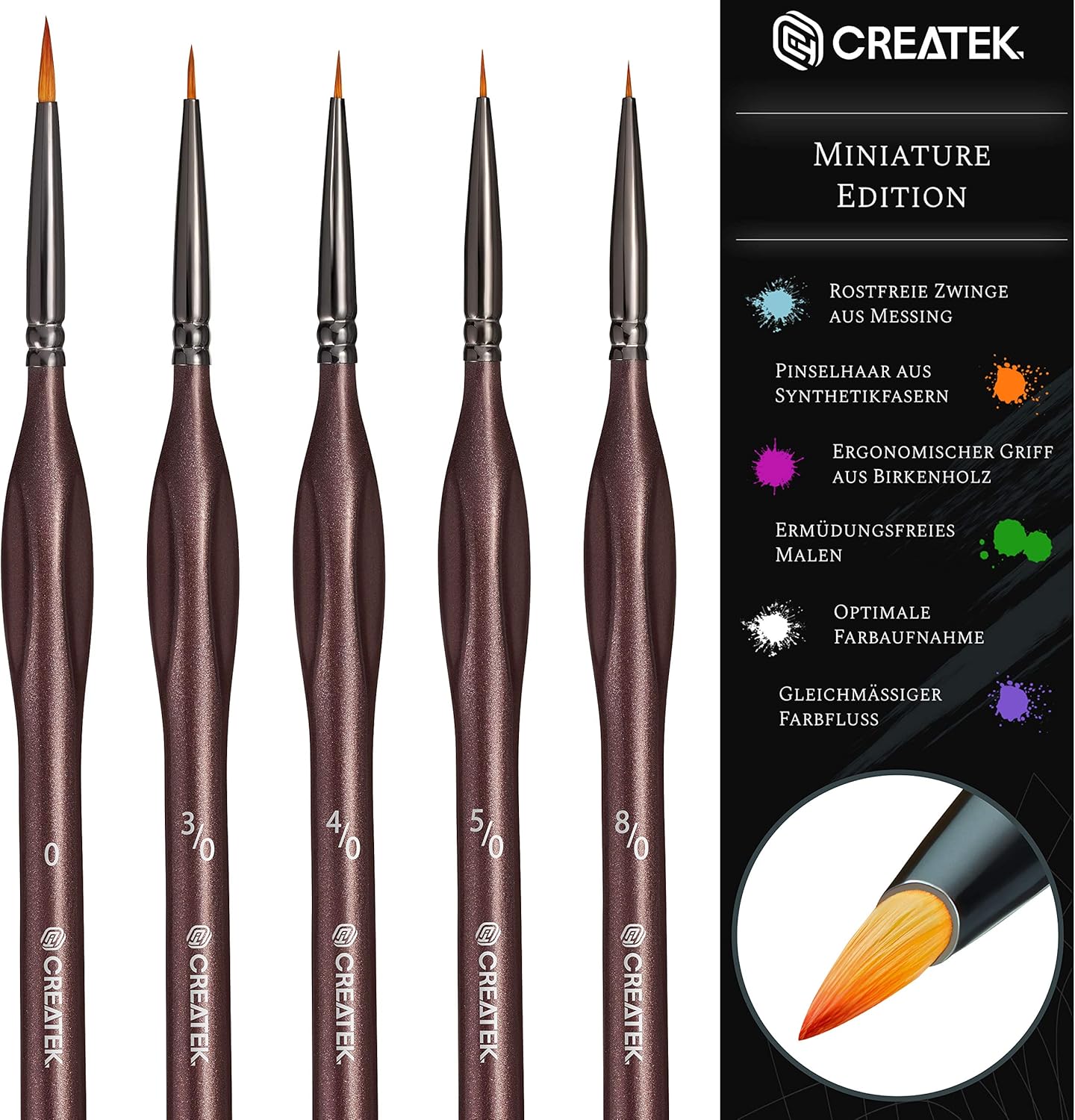 CreaTek - 5 extra feine Pinsel Acryl für höchste Präzision & Details | Premium Bi-Nylon Technologie - Künstlerpinsel Miniatur Pinsel Set, Modellbau & Malen nach Zahlen Pinsel
