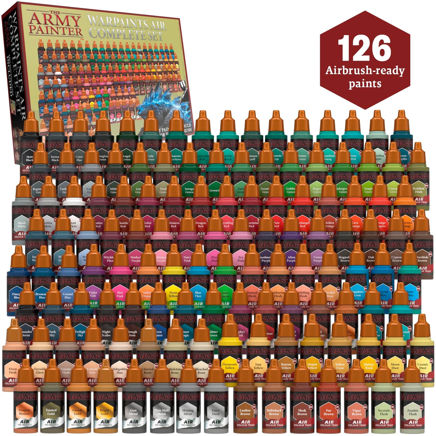 The Army Painter, Warpaints Air Starter Set, 12 x 18ml Vorgemischte Acrylfarben für Airbrush,1 Grau Grundierung, Airbrush Farben Set für Wargames Tabletop Miniaturen & Modellbau